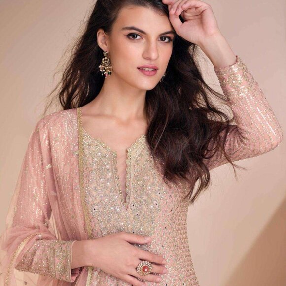 Designer Pakistani Georgette Pink Embroidered Palazzo Suit - Picture 1 of 2
